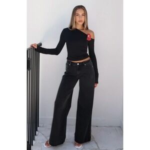 NWT WHITE‎ FOX Elena Low Rise Wide Leg Jeans Black Acid Wash Size L